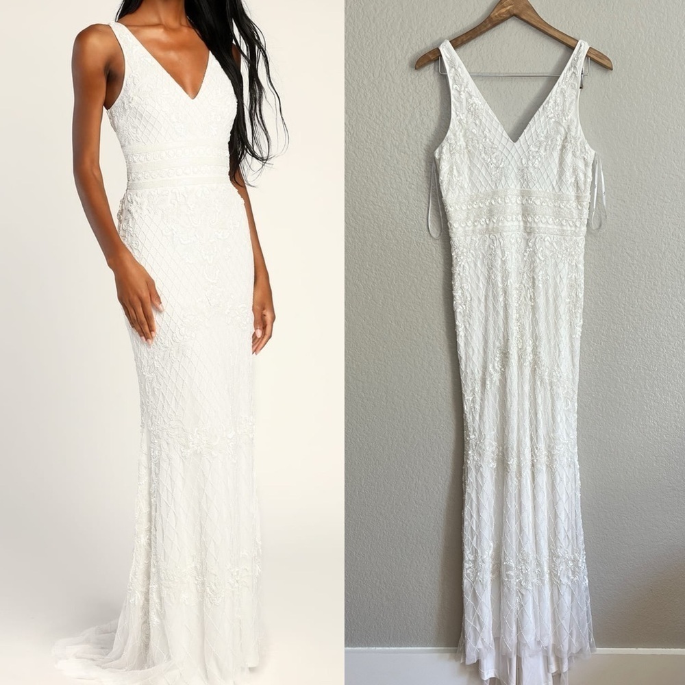 Simple Romance White Beaded Sequin Mermaid Maxi Dress